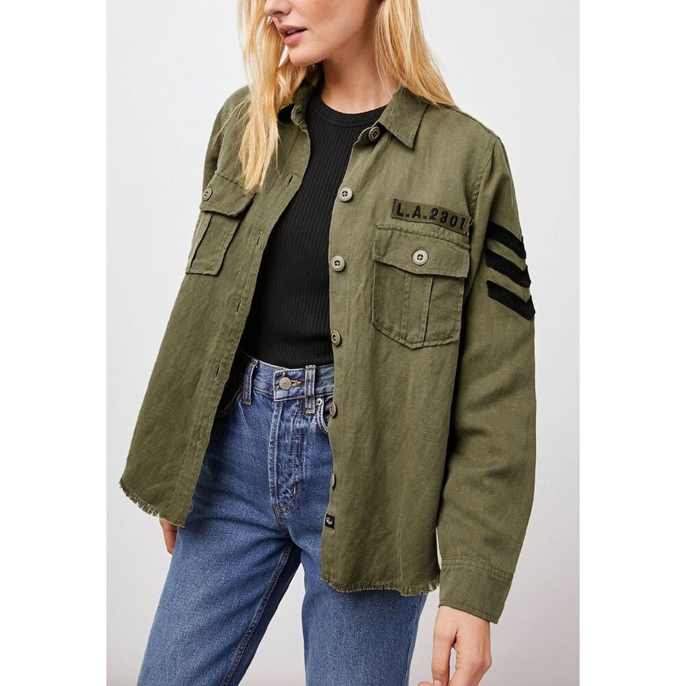 RAILS Loren Shirt Jacket Olive Black Military Satin Patches, Sz S